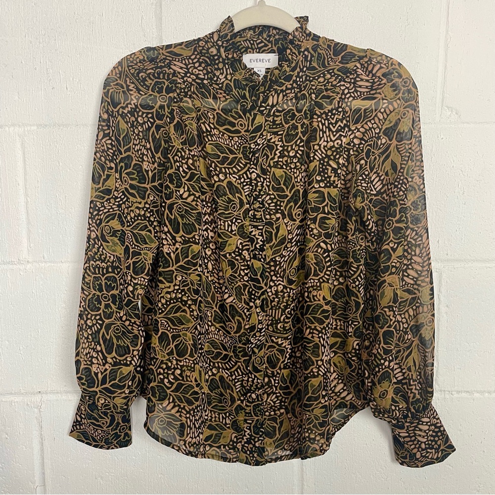 Evereve Caroline Chiffon Button Up Blouse Floral Ruffle Neck Sheer Victorian XS